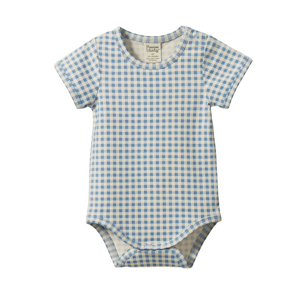 NATURE BABY - STRETCH JERSEY SHORT SLEEVE BODYSUIT: BLUE GINGHAM [sz:0-3 MTHS]