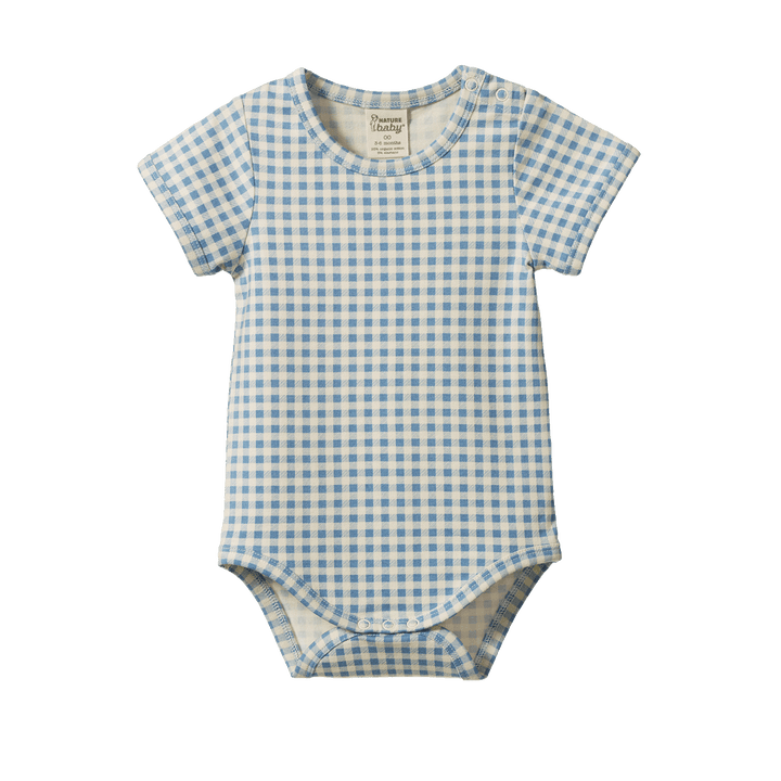 NATURE BABY - STRETCH JERSEY SHORT SLEEVE BODYSUIT: BLUE GINGHAM [sz:0-3 MTHS]