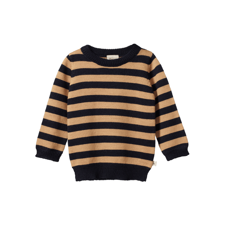 NATURE BABY - MERINO KNIT PULLOVER: NAVY/CARAMEL STRIPE [sz:6-12 MTHS]