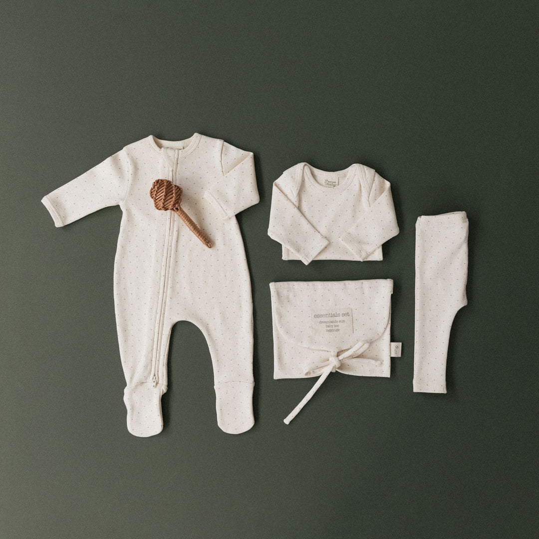 NATURE BABY - GIFTS: CARAMEL SPOT COTTON RIB ESSENTIALS SET [sz:0-3 MTHS]