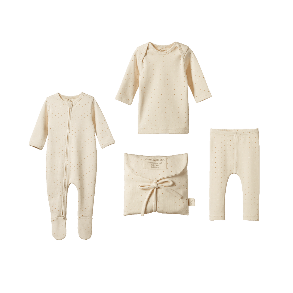 NATURE BABY - GIFTS: CARAMEL SPOT COTTON RIB ESSENTIALS SET [sz:0-3 MTHS]