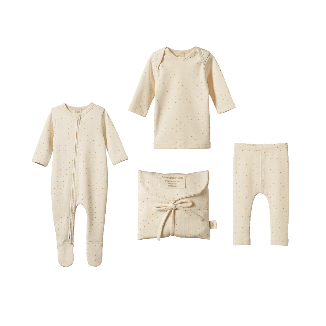 NATURE BABY - GIFTS: CARAMEL SPOT COTTON RIB ESSENTIALS SET [sz:0-3 MTHS]