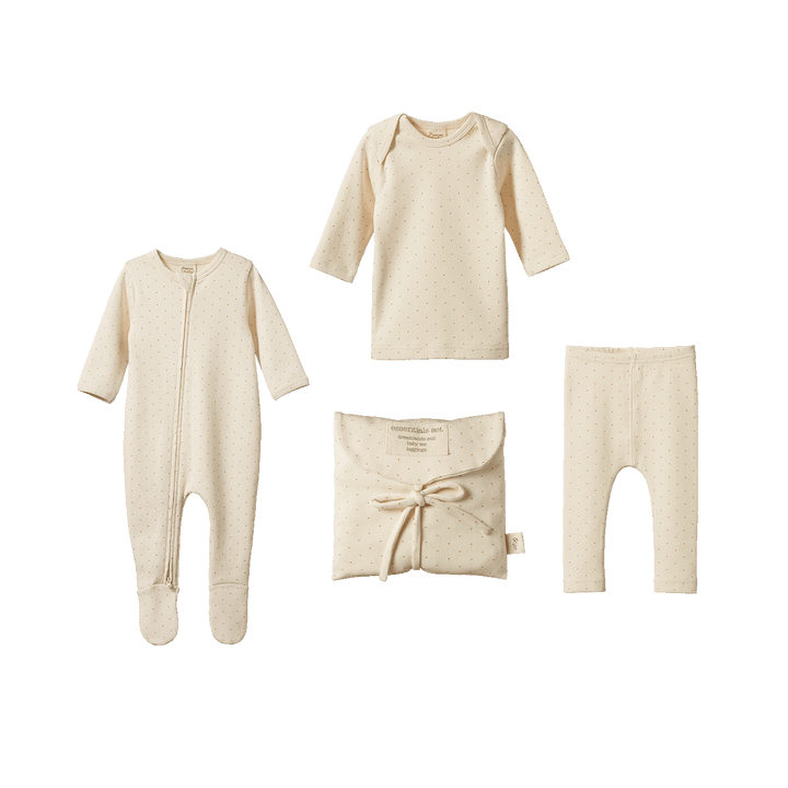 NATURE BABY - GIFTS: CARAMEL SPOT COTTON RIB ESSENTIALS SET [sz:0-3 MTHS]