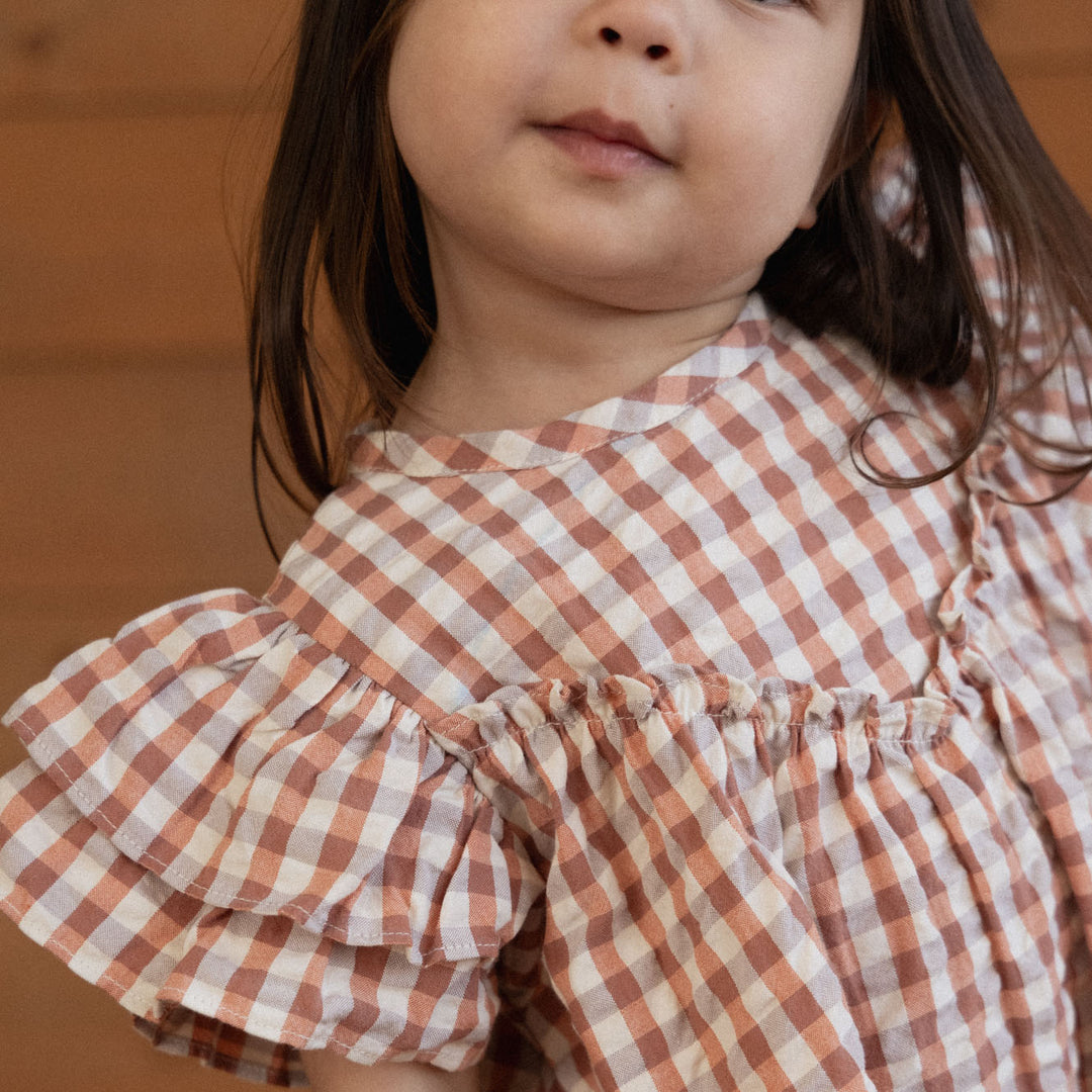 NATURE BABY - UNA DRESS: DANDELION GINGHAM [sz:6-12 MTHS]
