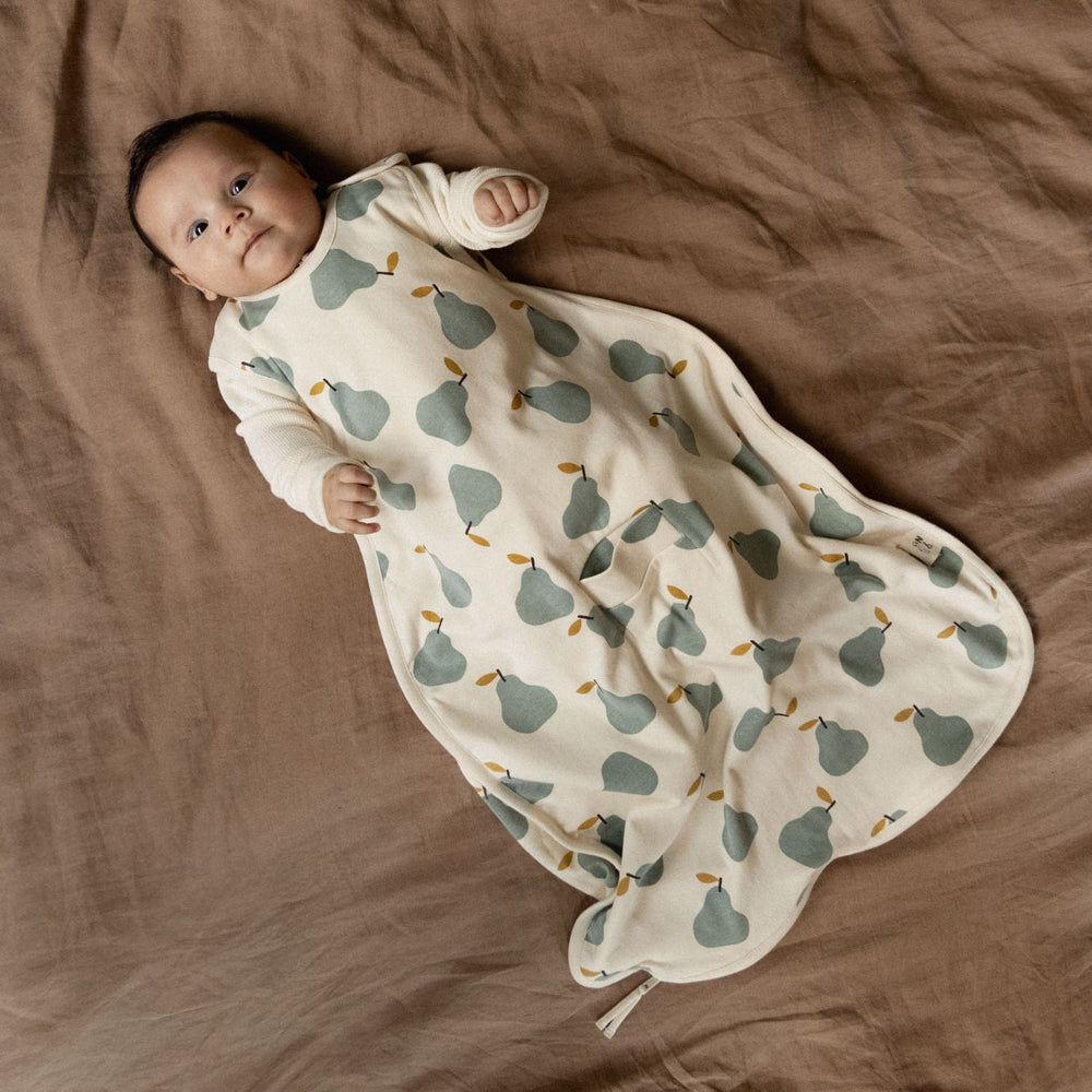 NATURE BABY - ORGANIC COTTON MERINO SLEEPING BAG: PEAR PRINT [sz:3-24 MTHS]