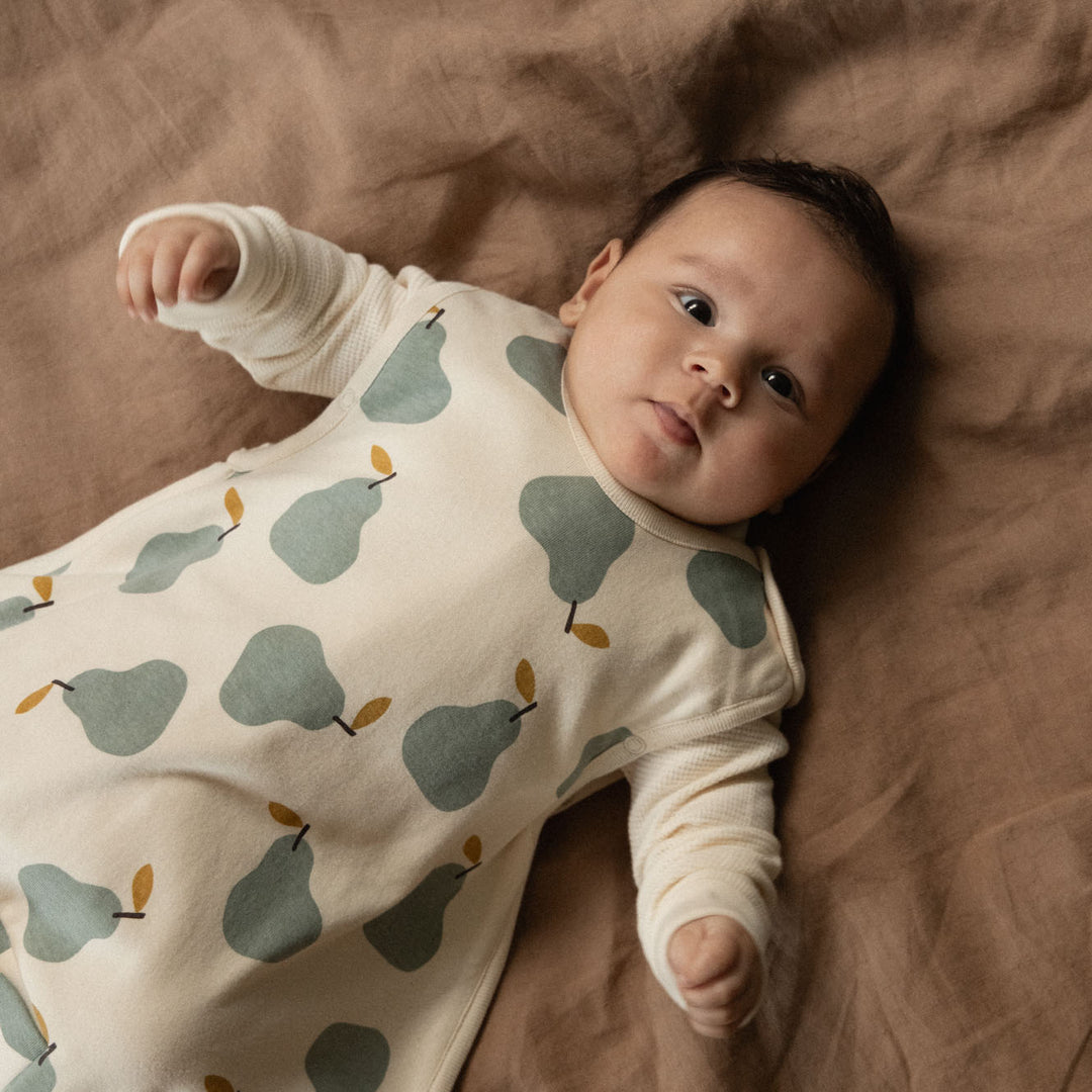 NATURE BABY - ORGANIC COTTON MERINO SLEEPING BAG: PEAR PRINT [sz:3-24 MTHS]