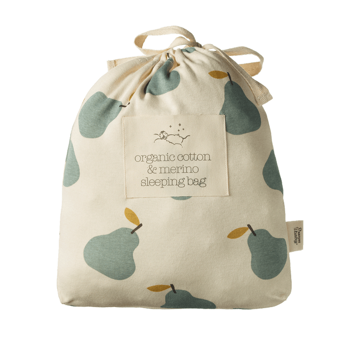 NATURE BABY - ORGANIC COTTON MERINO SLEEPING BAG: PEAR PRINT [sz:3-24 MTHS]