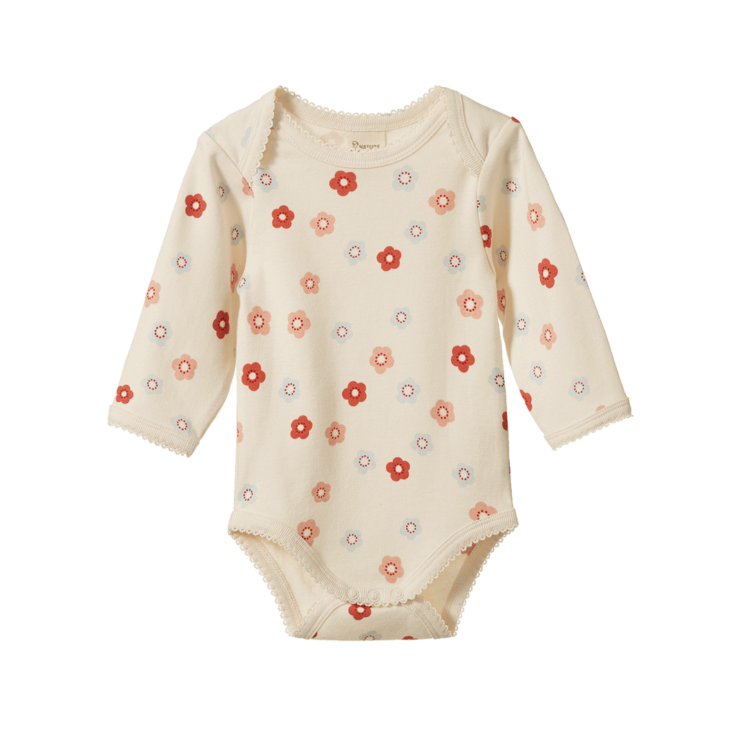 NATURE BABY - LONG SLEEVE BODYSUIT: PETITE FLORA STAMP PRINT [sz:0-3 MTHS]